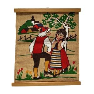 Vintage Mid-Century Scandinavian Burlap Textile Wall Hanging 50s Retro Folk Art